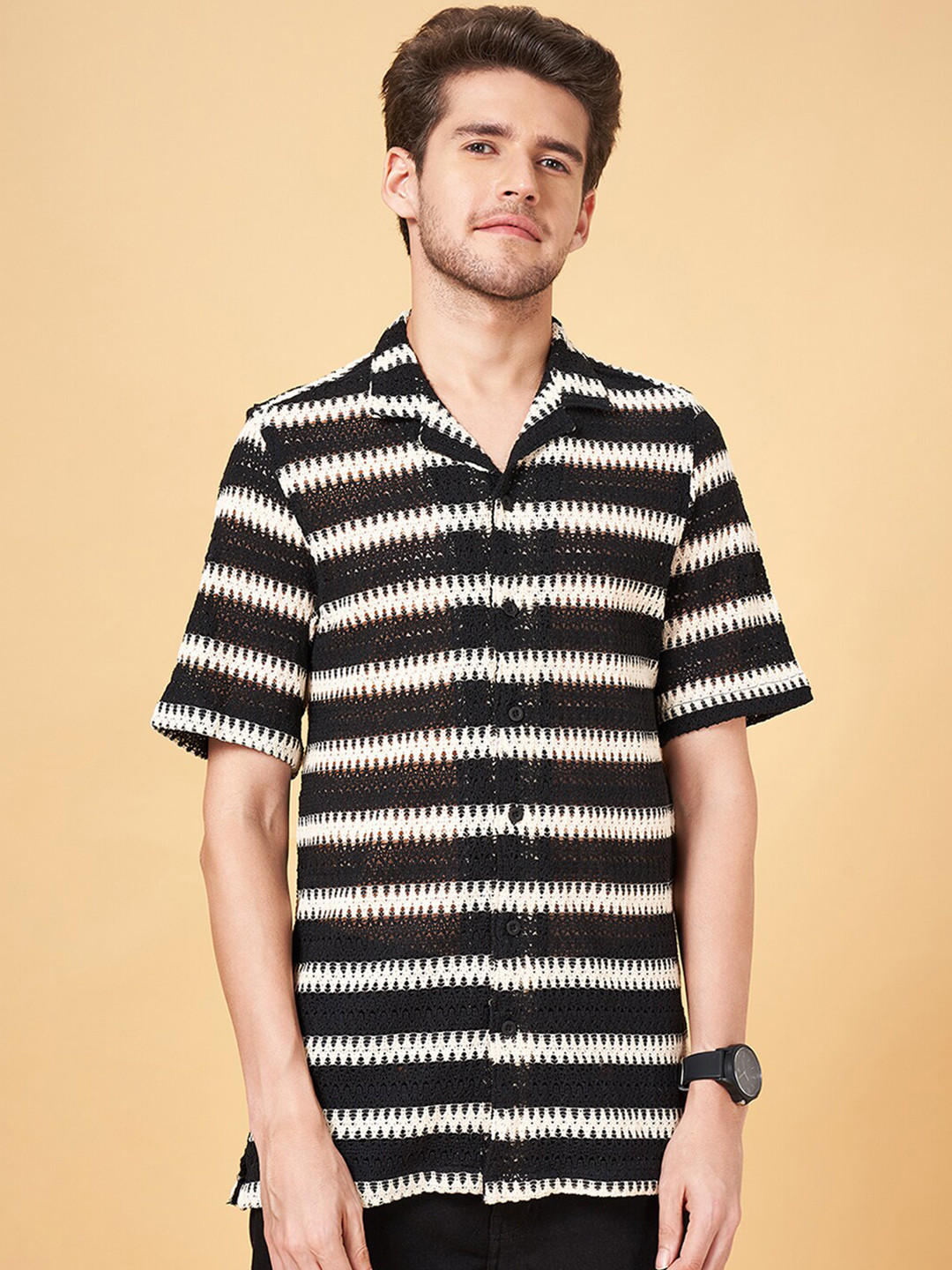 People Black & White Striped Crochet Regular Fit Casual Shirt