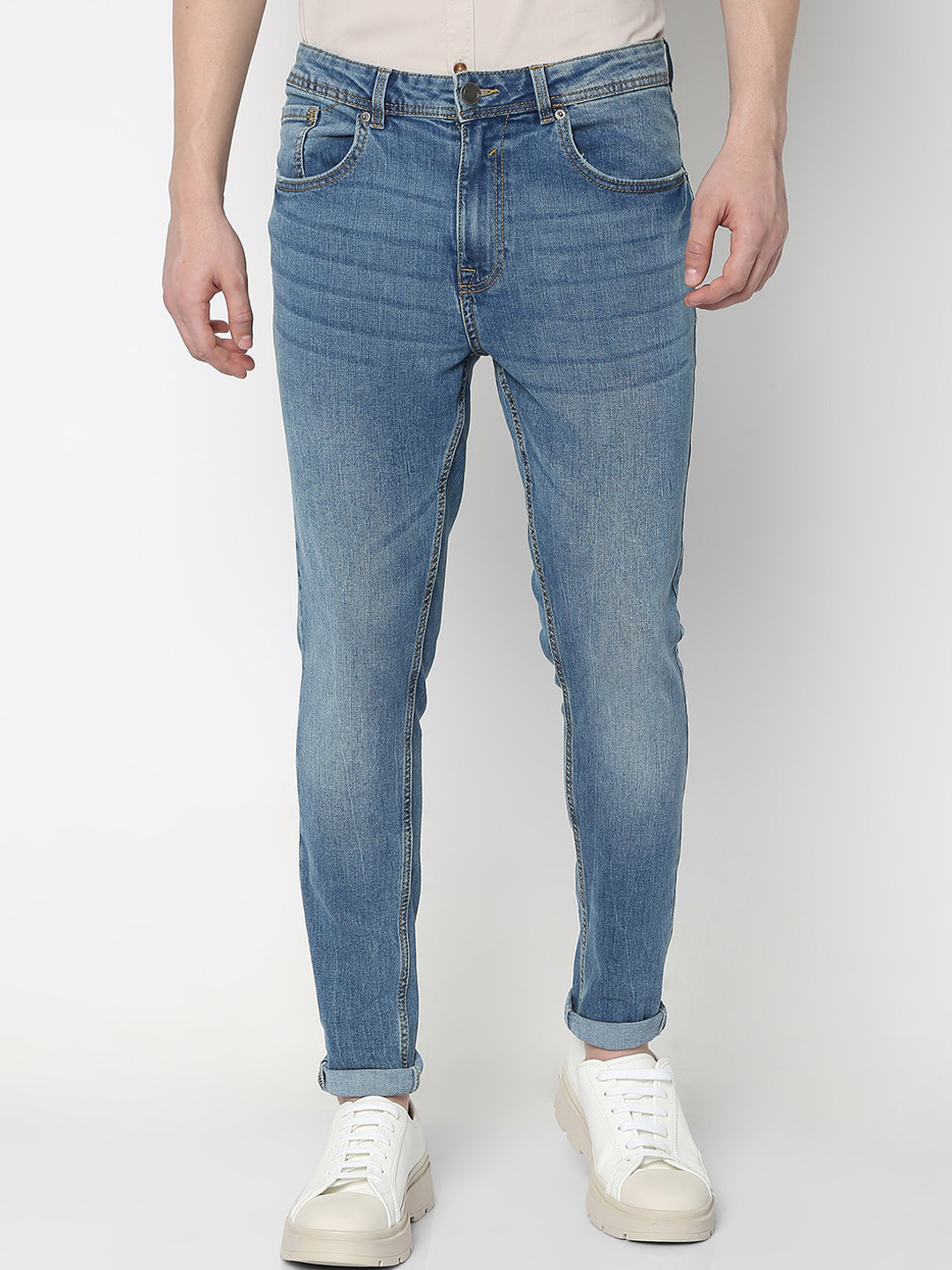 R&B Men Skinny Fit Mid-Rise Heavy Fade Medium Shade Clean Look Cotton Jeans