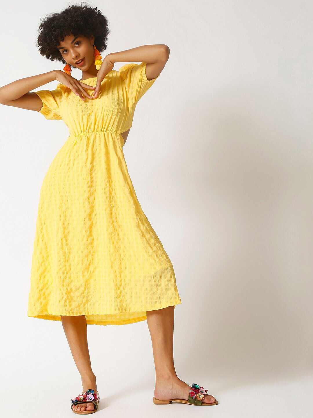 Campus Sutra Yellow Self Designed Puff Sleeves Cut-Out Detailed A-Line Midi Dress
