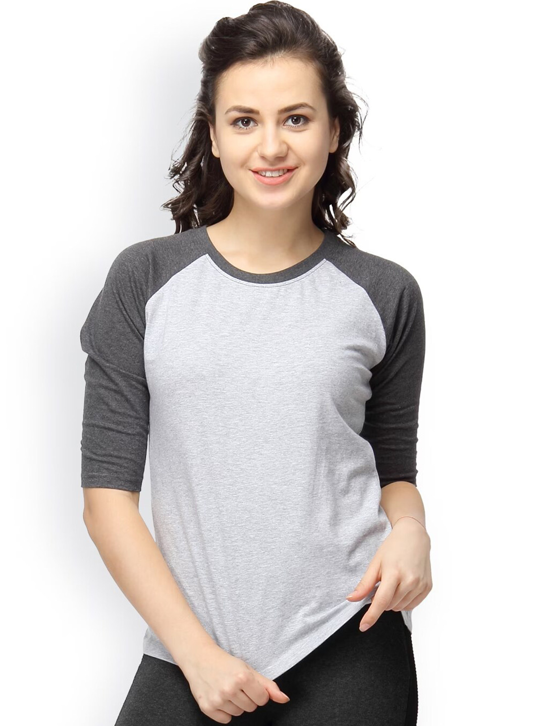 Campus Sutra Grey & Charcoal Colourblocked Raglan Top