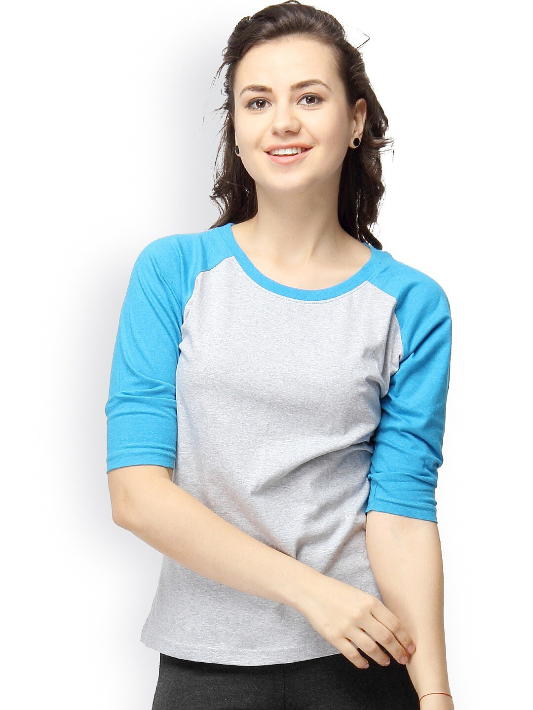 Campus Sutra Grey & Turquoise Colourblocked Casual Top