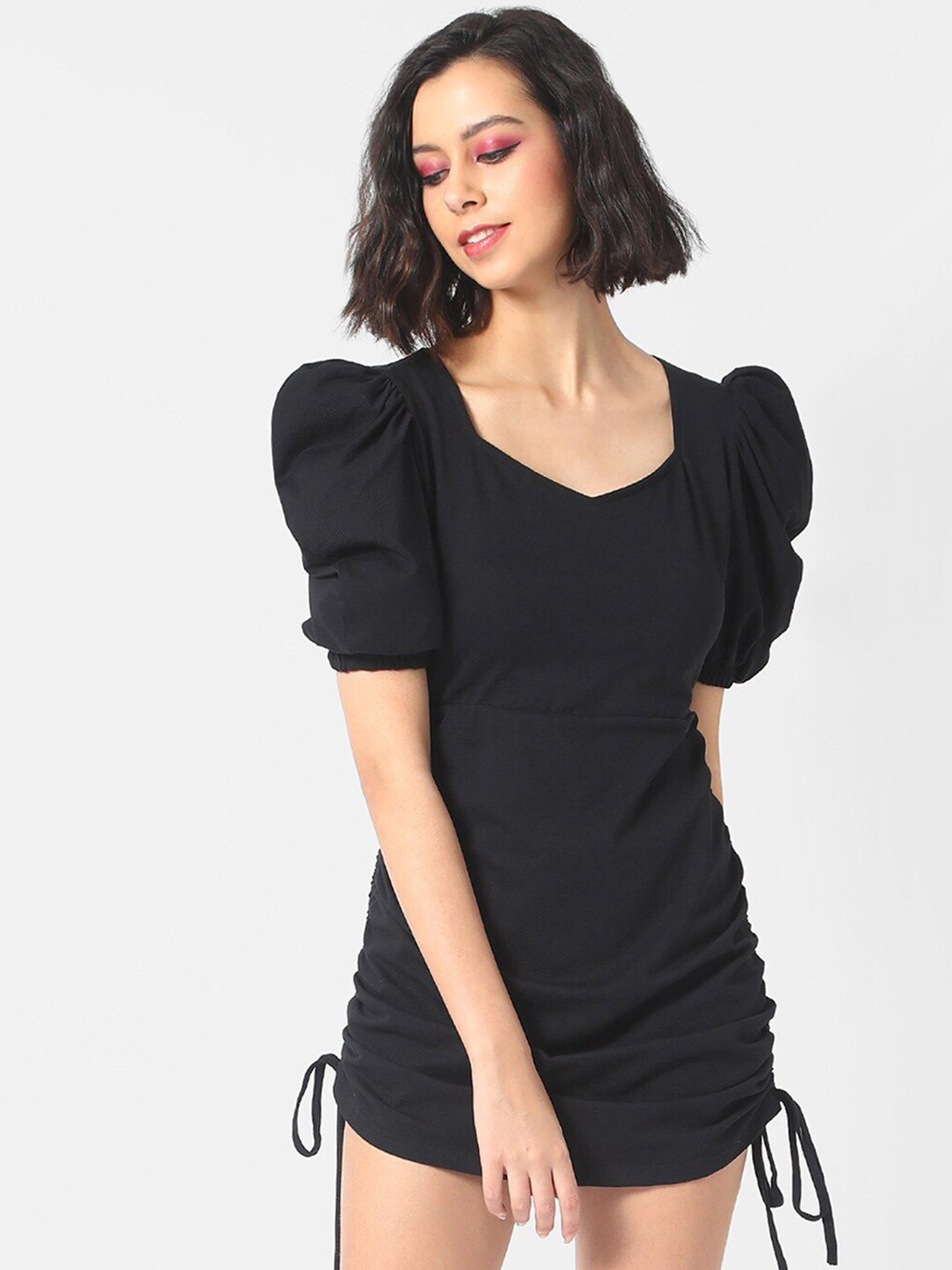 Campus Sutra Black Ruched Puff Sleeves Mini Sheath Dress