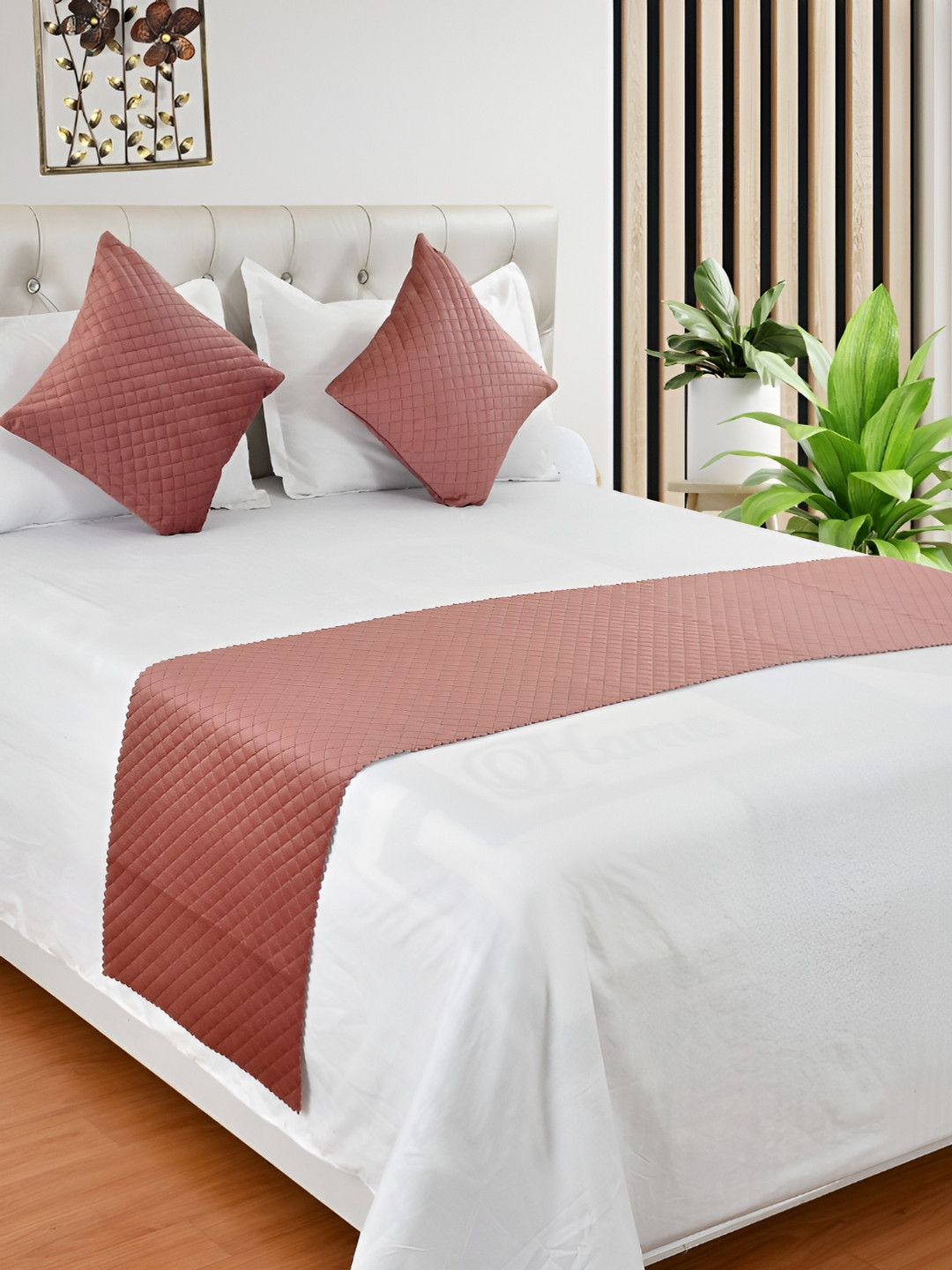 HOMADORN Pink 3 Pieces Quilted Velvet Bed Runner With Cushion Covers