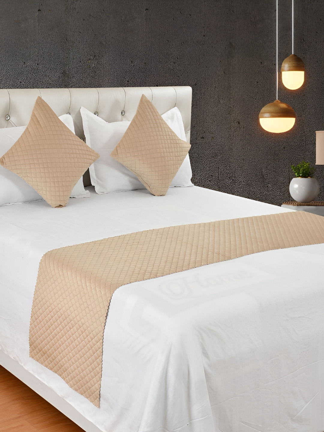 HOMADORN Beige 3 Pieces Quilted Velvet Bed Runner With Cushion Covers