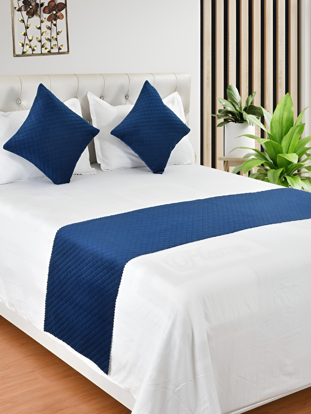 HOMADORN Blue Quilted Velvet Bed Runner With 2 Cushion Covers