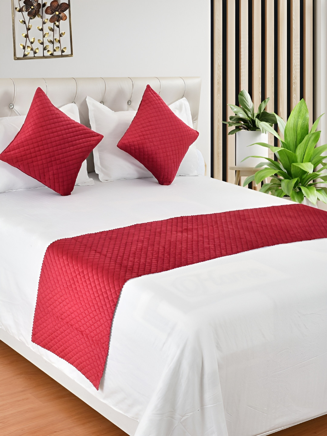HOMADORN Maroon Quilted Velvet Bed Runner With 2 Cushion Covers