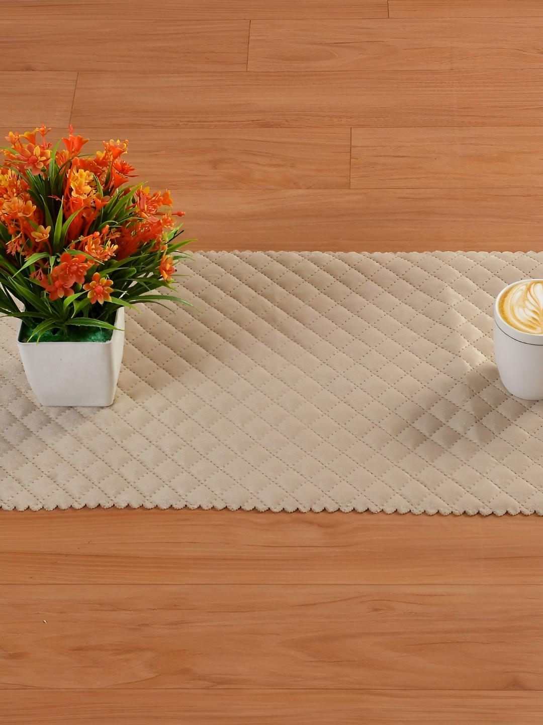 HOMADORN Beige Geometric shaped Velvet Quilted 6 Seater Table Runner