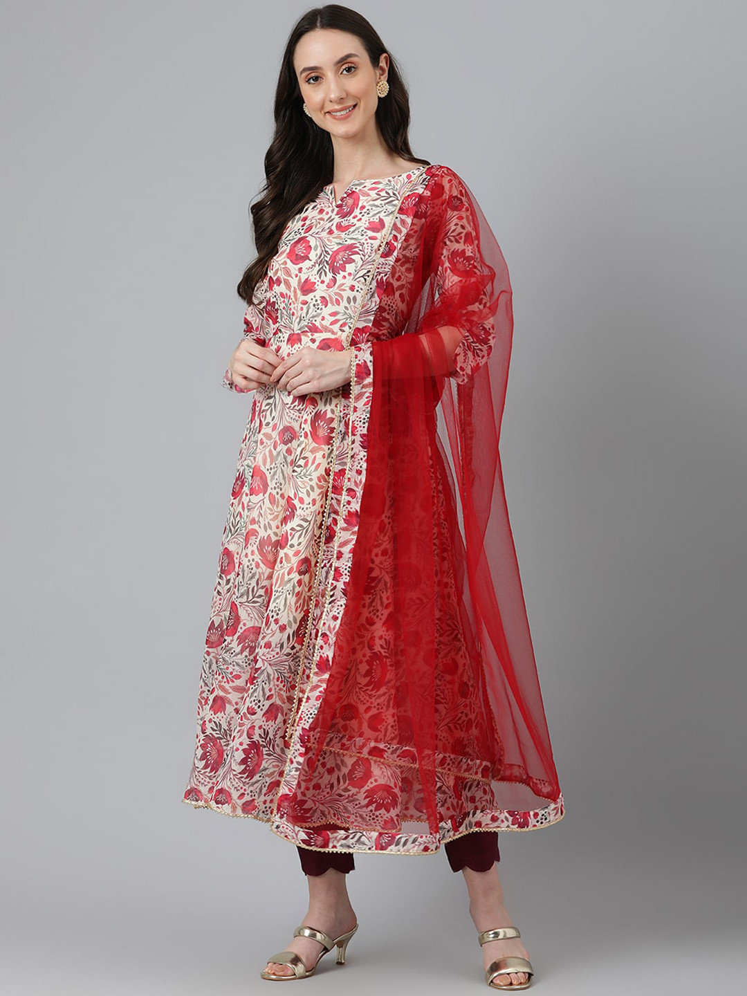 Vinya Floral Printed Empire Gotta Patti Chanderi Cotton Kurta & Trousers With Dupatta