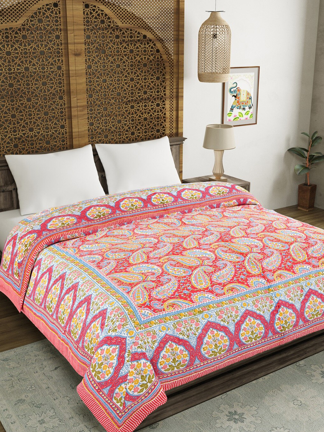 Aura Red and Blue Ethnic Motifs Mild Winter 350 GSM Cotton Double Bed Quilt