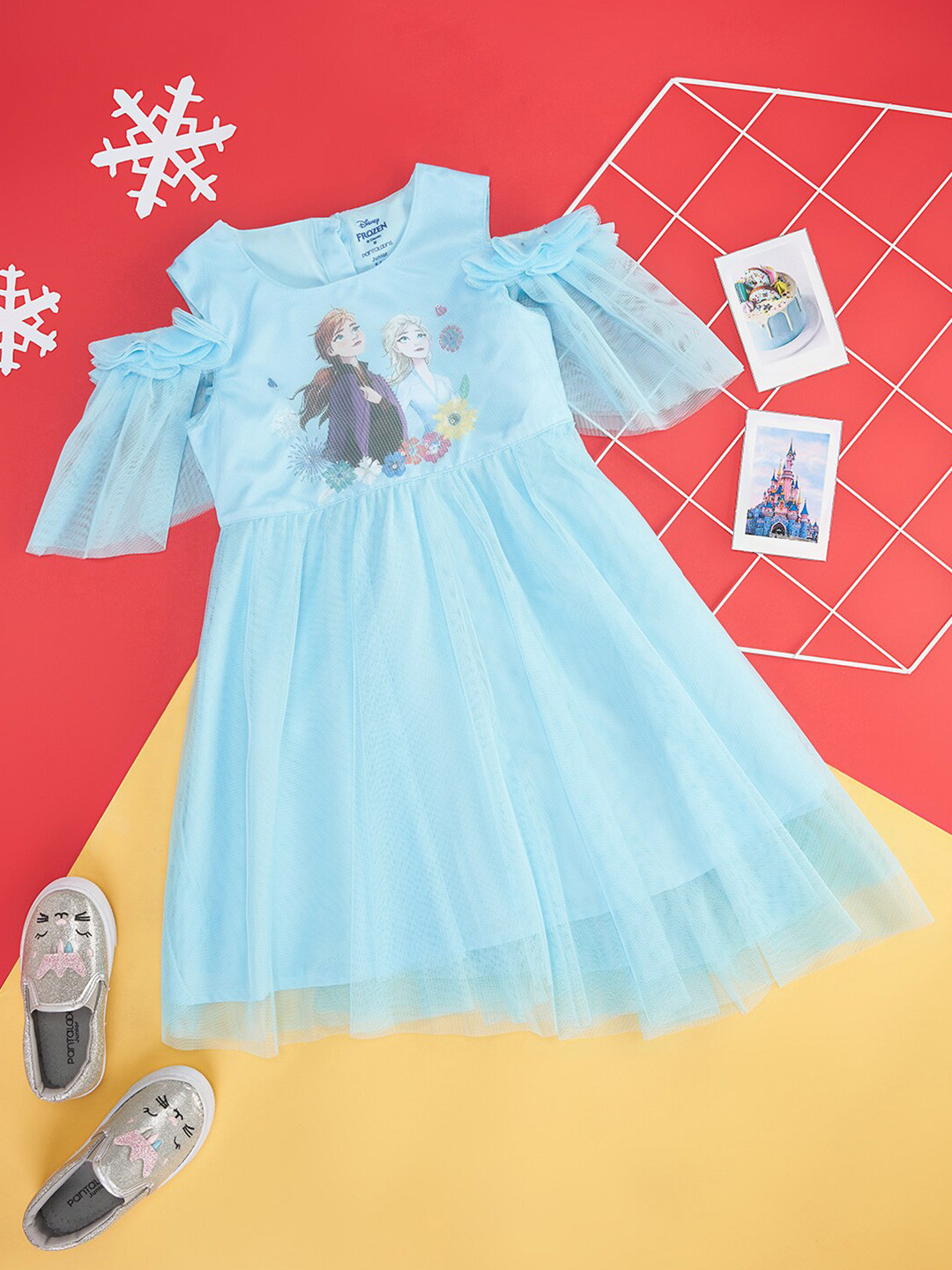 Pantaloons Junior Girls Elsa & Anna Printed Cold-Shoulder Sleeves Fit & Flare Dress