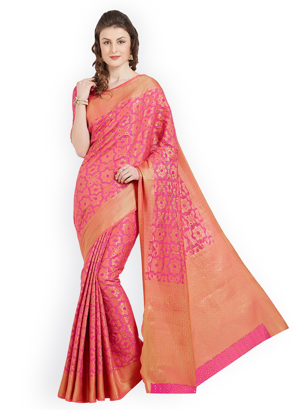 Kvsfab Peach-Coloured & Pink Silk Cotton Woven Design Saree