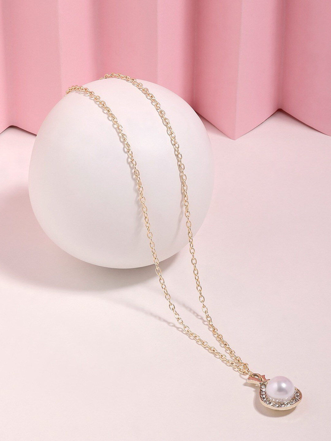 AMI Gold-Plated Pearl AD-Studded & Contemporary Shape Pendant With Chain-ZPFK17000