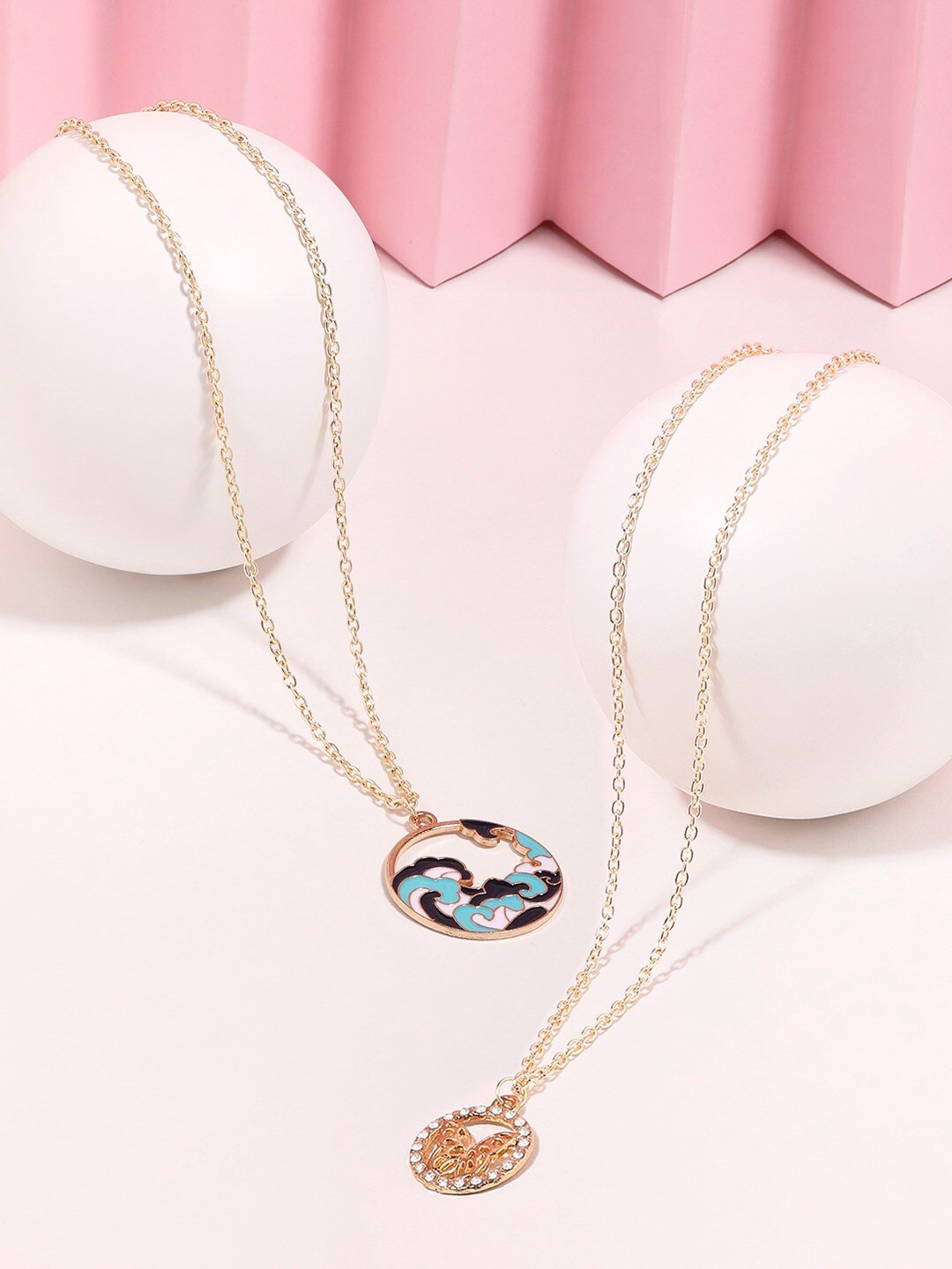 AMI Set Of 2 Gold-Plated Enamelled AD-Stubbed Sea Wave & Butterfly Pendant & Chain