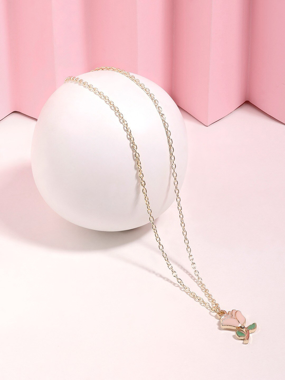 AMI Gold-Plated Enamelled Beautiful Rose Contemporary Pendant & Chain