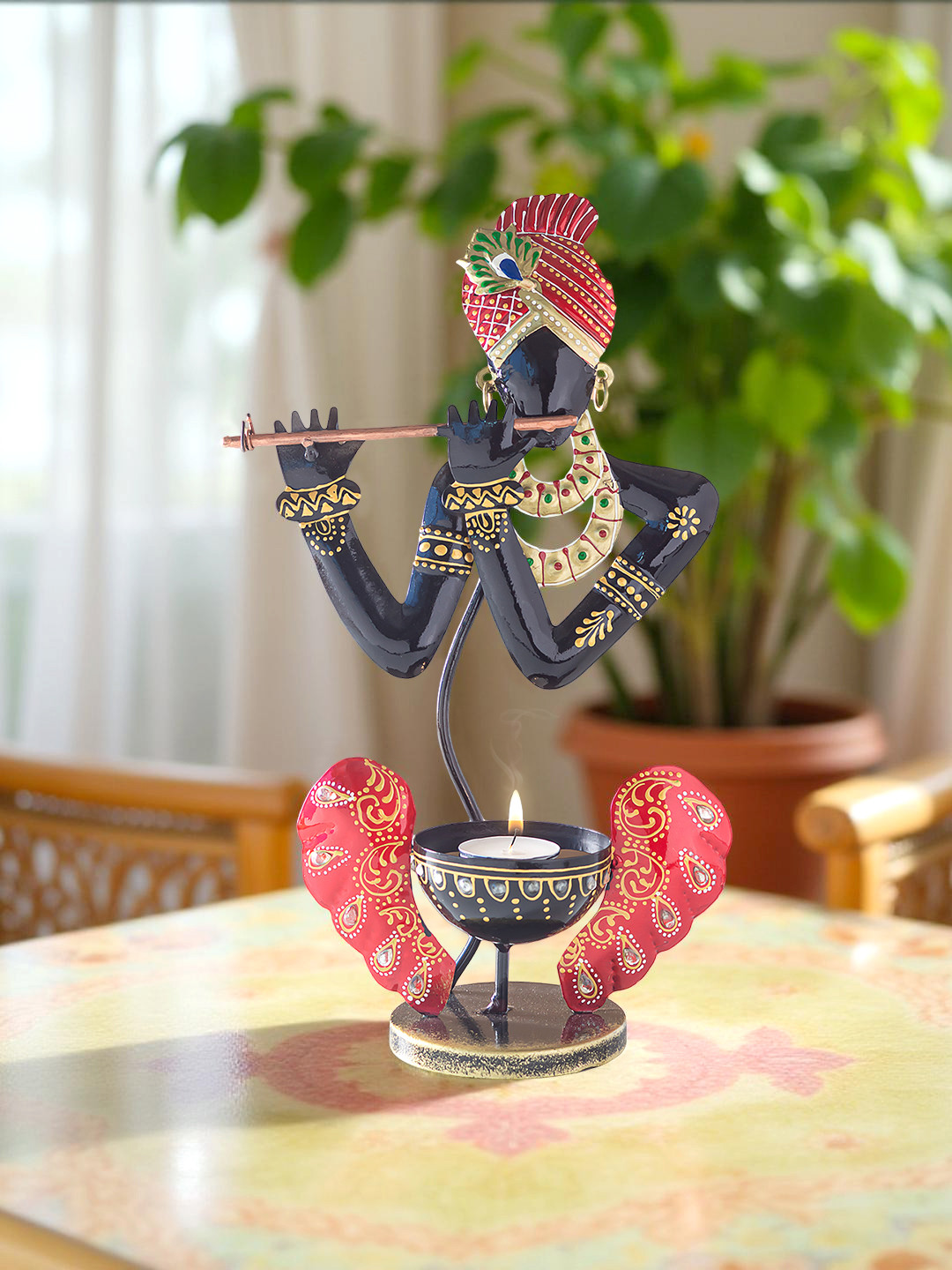 Golden Peacock Red & Black Lord Krishna Candle Holder Cum Showpiece