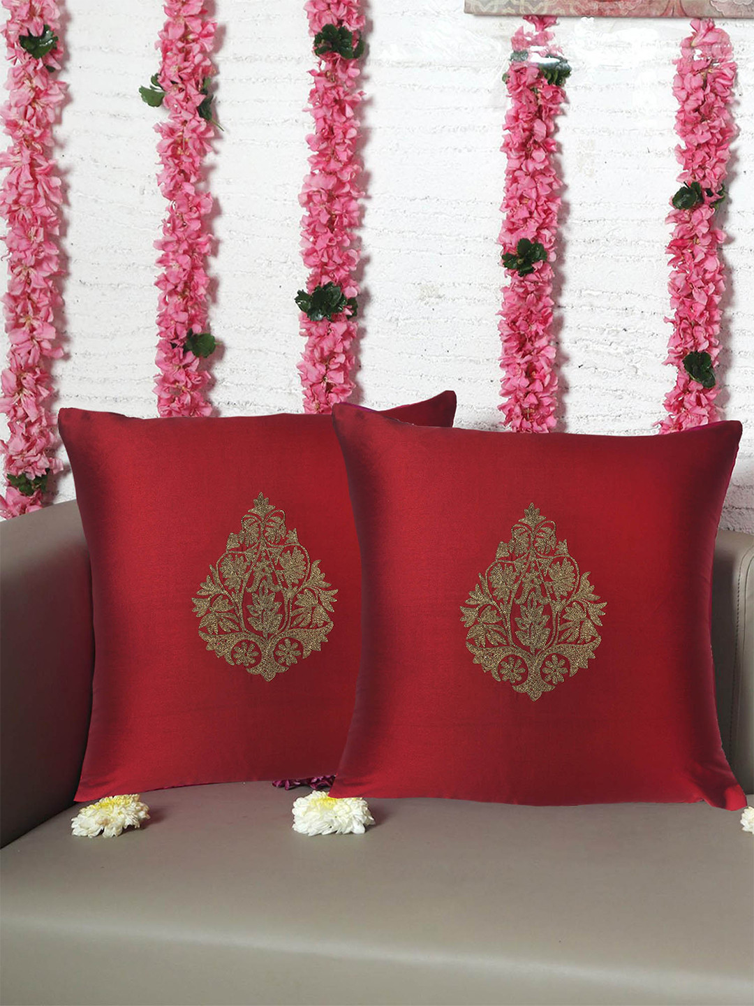 ZEBA Red & Beige 2 Pieces Square Cushion Covers