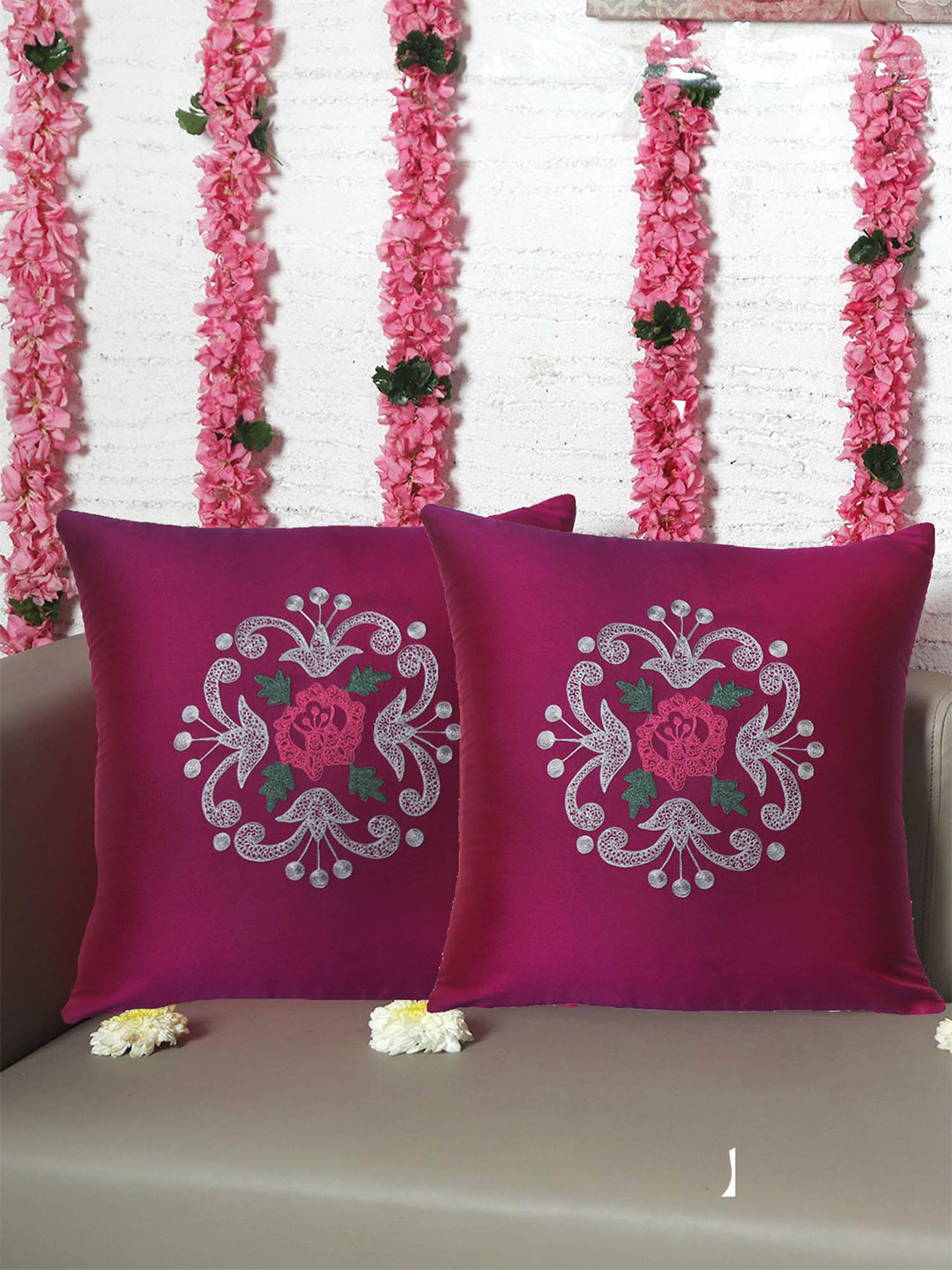 ZEBA Magenta Floral Polyester Silk Anti-Wrinkle 2 Pcs Embroidered Cushion Covers -16x16In