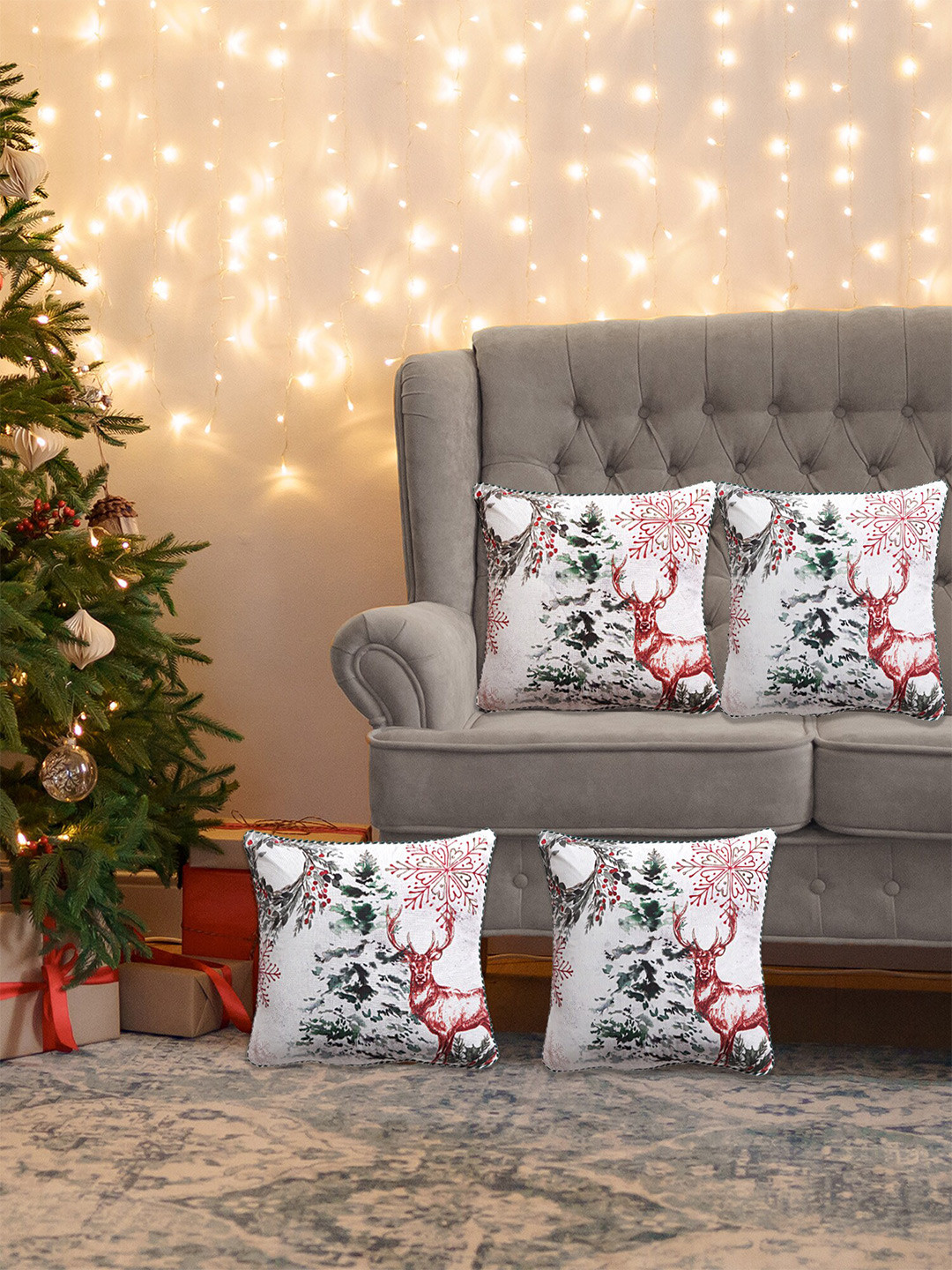 ZEBA White Polycotton Lightweight 4 Piece Embroidered Square Cushion Covers -16x16In