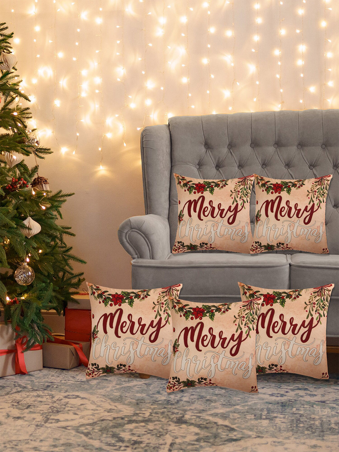ZEBA Beige & Red 5 Pieces Square Cushion Covers