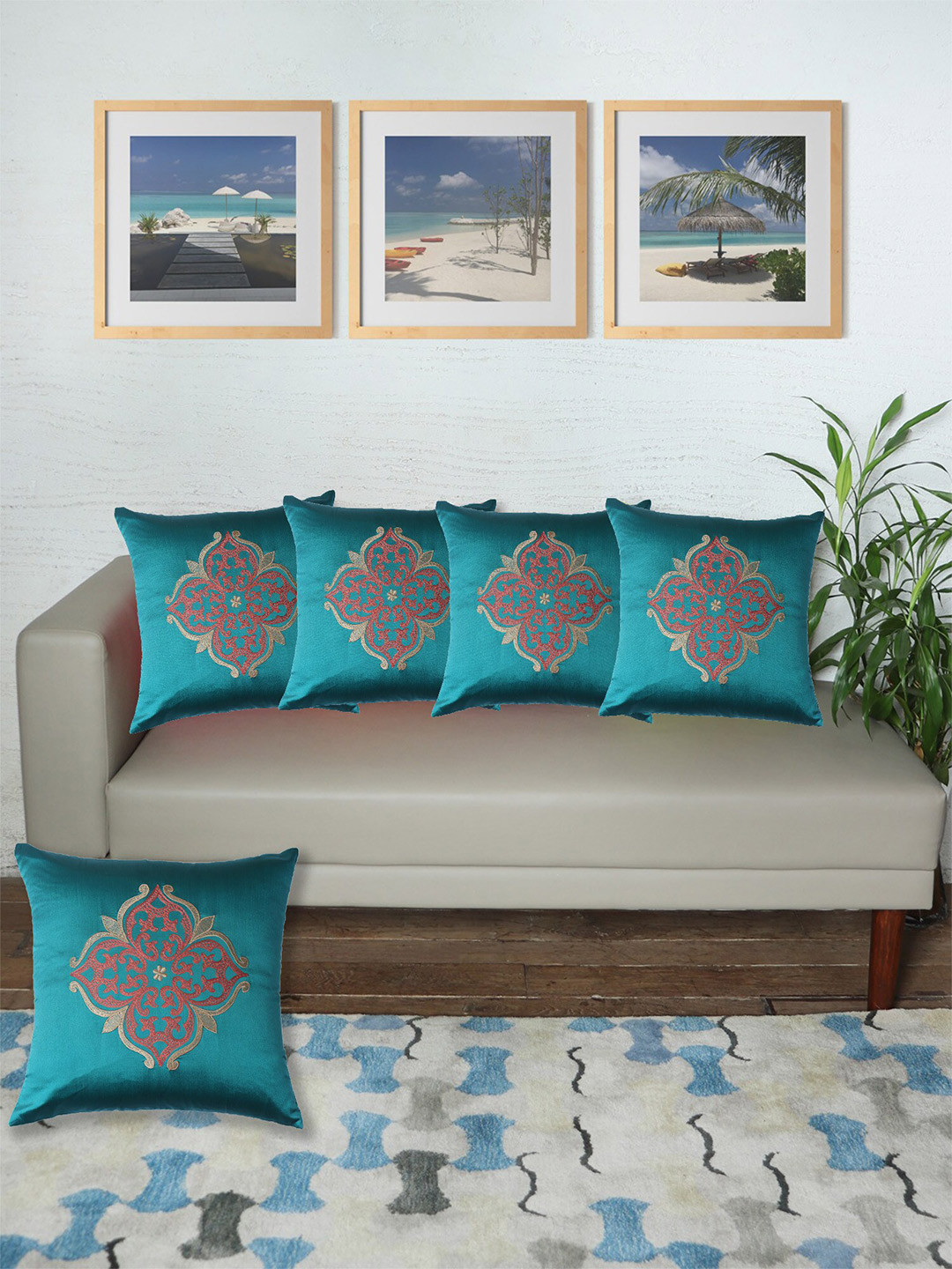 ZEBA Teal & Red 5 Pieces Square Cushion Covers
