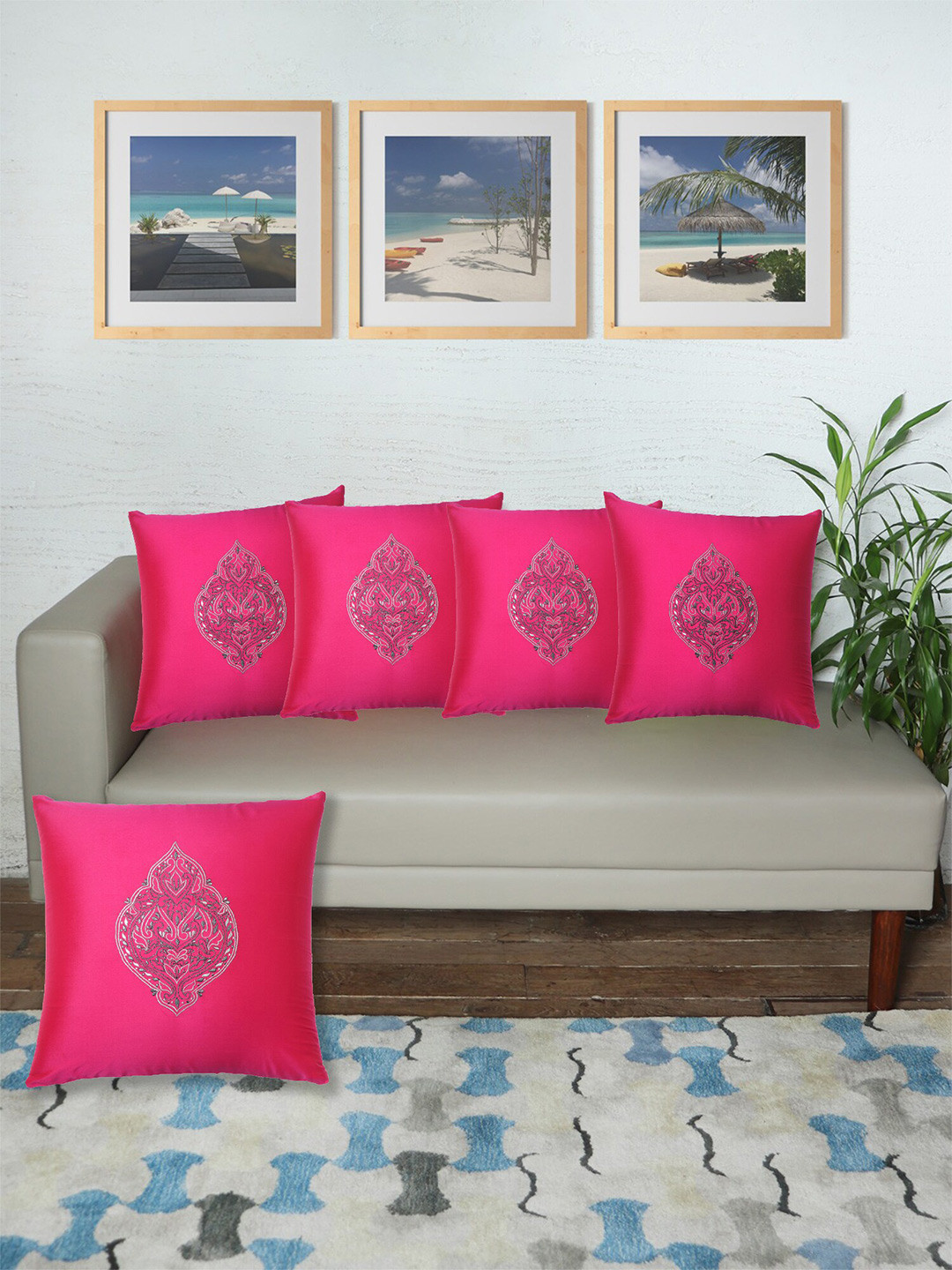 ZEBA Pink Embroidered Polyester Quick-Dry 5 Piece Square Cushion Covers - 16 x 16 Inches