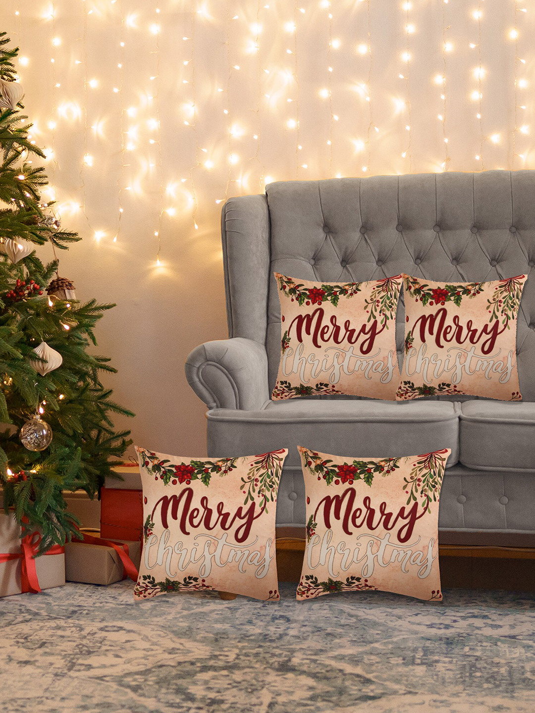 ZEBA Beige & Red 4 Pieces Square Cushion Covers