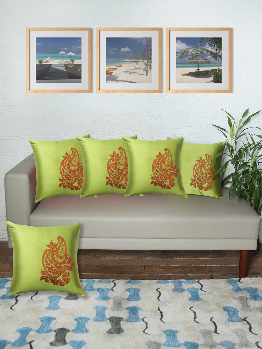 ZEBA Green Embroidered Polyester Anti-Wrinkle 5 Pcs Square Cushion Covers - 16 x 16 In