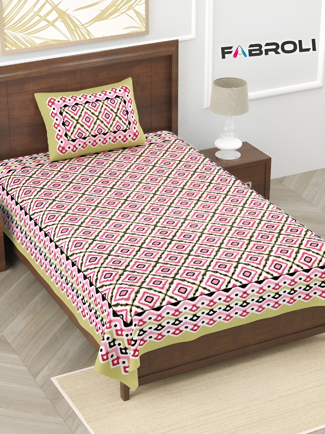 FABROLI Pink Geometric Cotton 240 TC Single Fine Bedsheet with a Pillow Cover-90 x 60 inches
