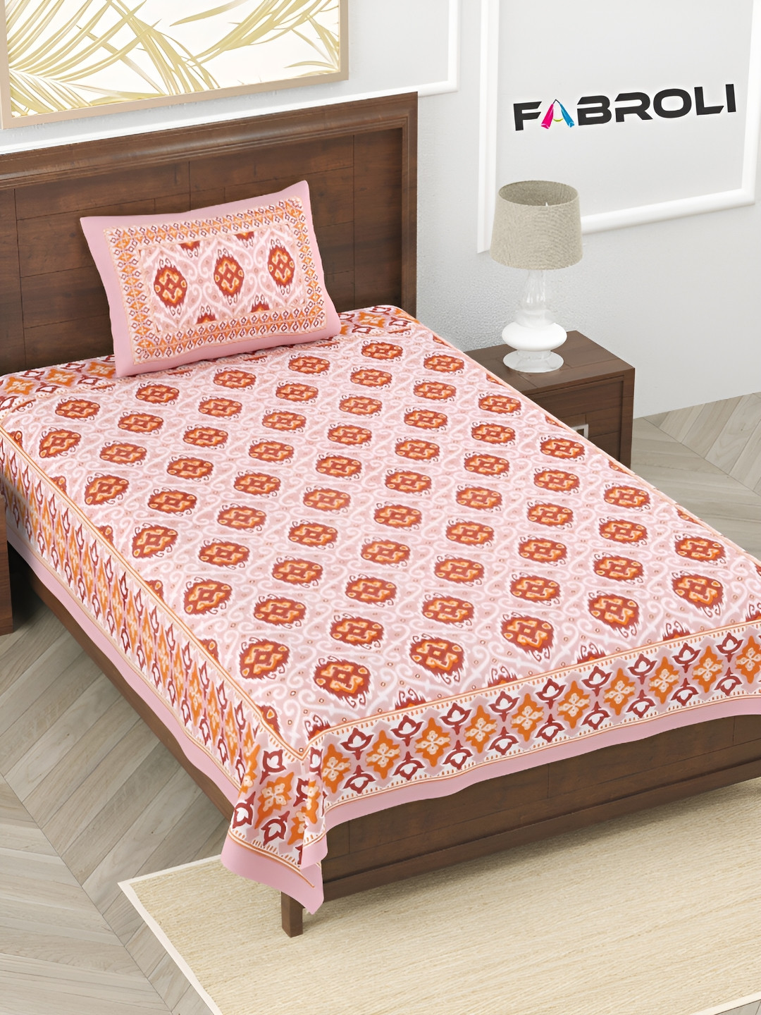 FABROLI Red Ethnic Motifs Cotton 240 TC Single Fine Bedsheet with a Pillow Cover-90 x 60 inches