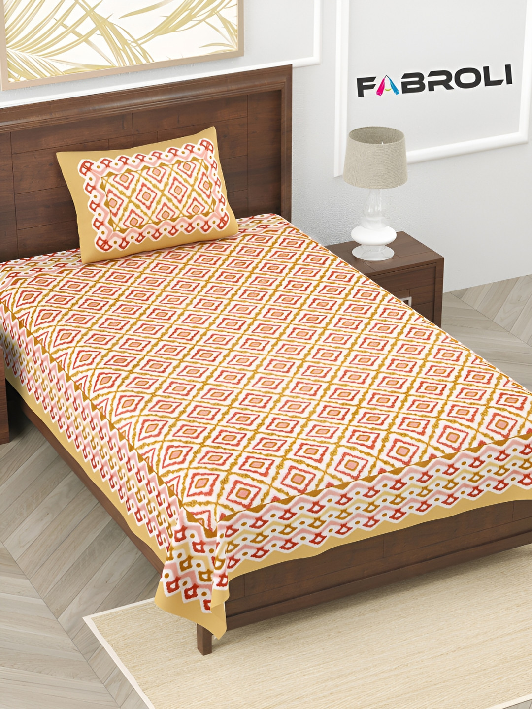 FABROLI Yellow Ethnic Motifs Cotton 240 TC Single Fine Bedsheet with a Pillow Cover-90 x 60 inches
