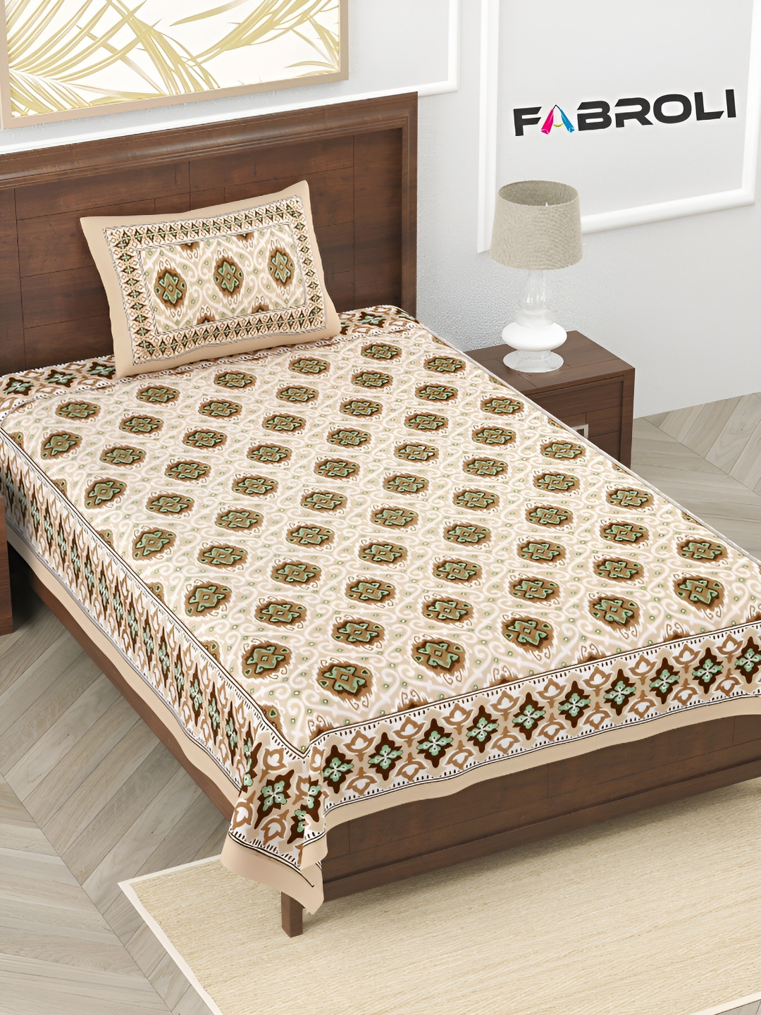 FABROLI Yellow Ethnic Motifs Cotton 240 TC Single Fine Bedsheet with a Pillow Cover-90 x 60 inches