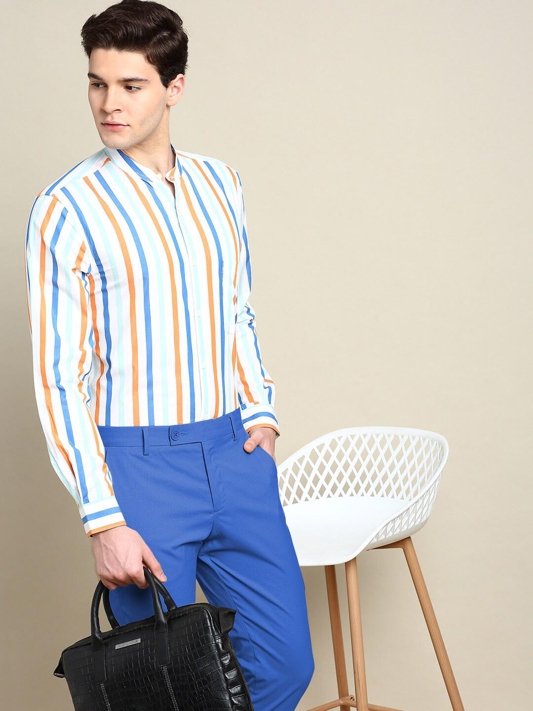 INVICTUS Standard Slim Fit Vertical Striped Band Collar Cotton Formal Shirt