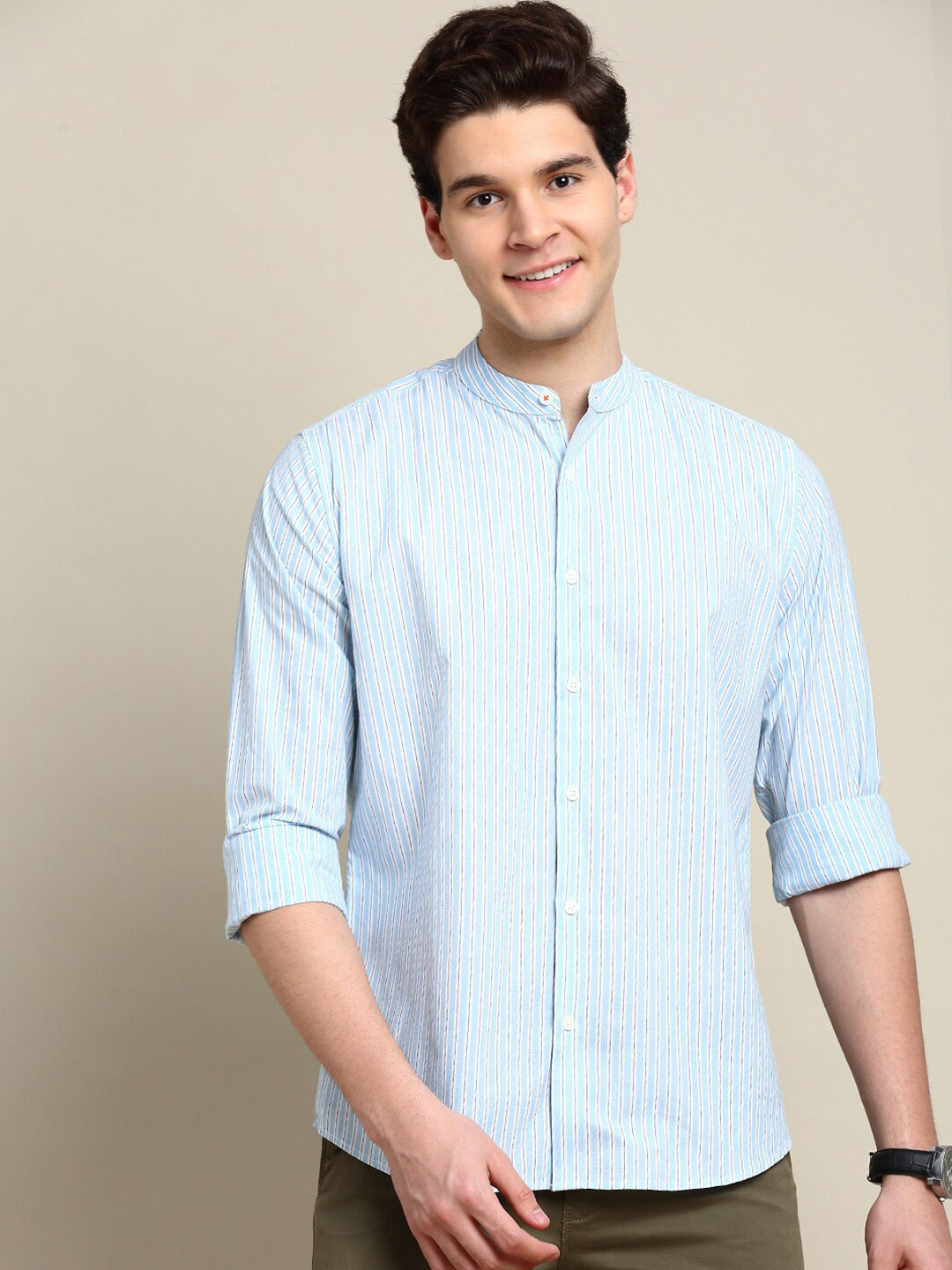 INVICTUS Sport Slim Fit Pinstripes Mandarin Collar Cotton Casual Shirt