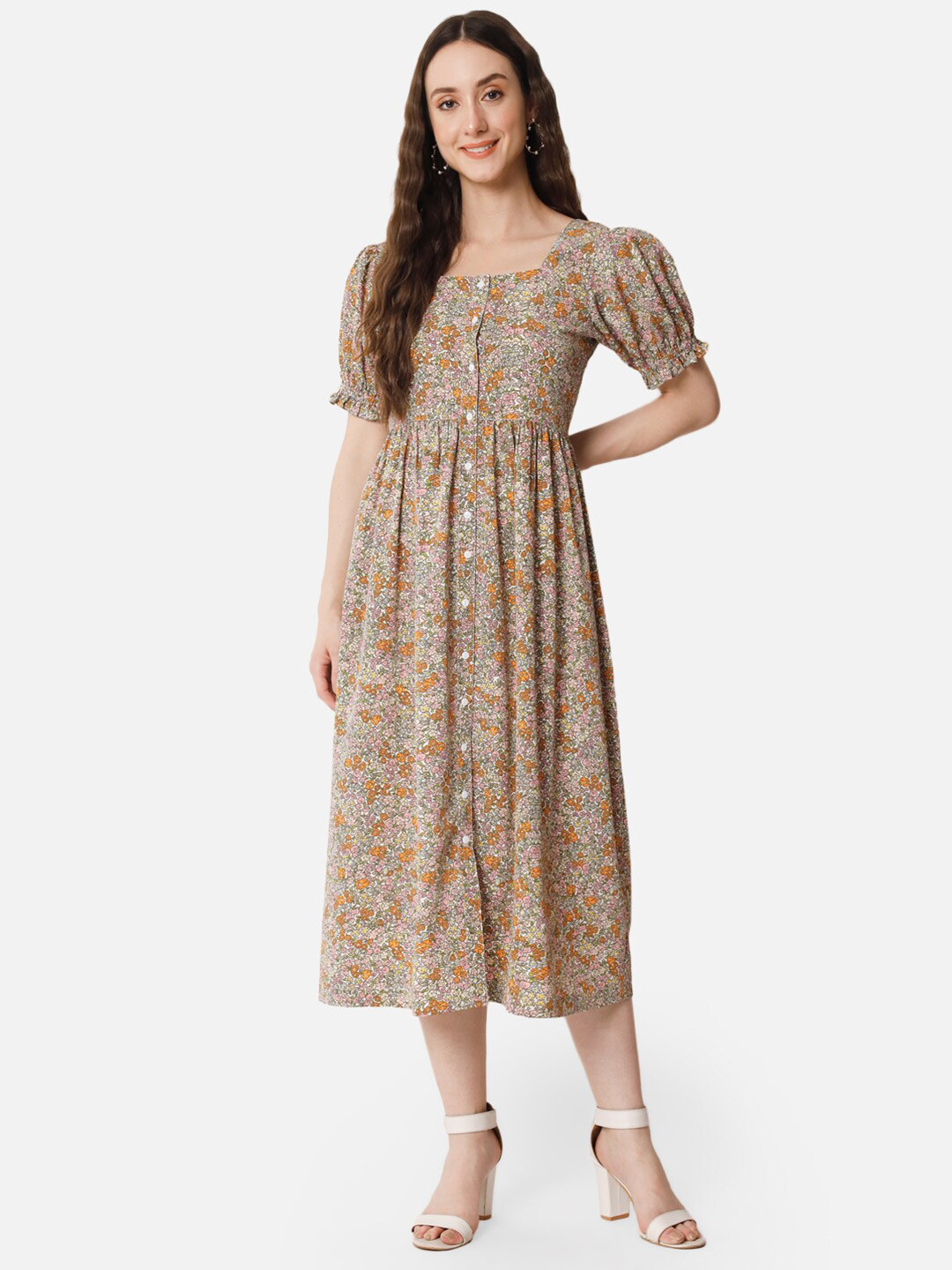 BAESD Floral Printed Square Neck Puff Sleeve Shirt Midi Dress