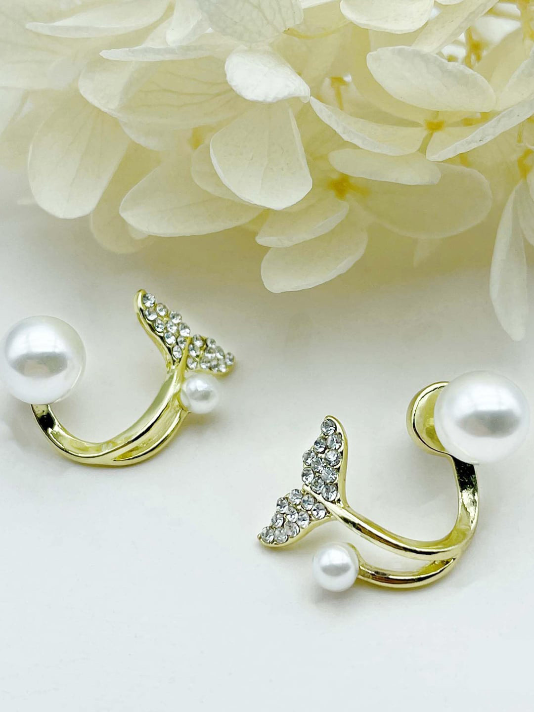 Krelin Gold-Plated Stone-Studded & Pearl-Beaded Fish Tail Studs Earrings