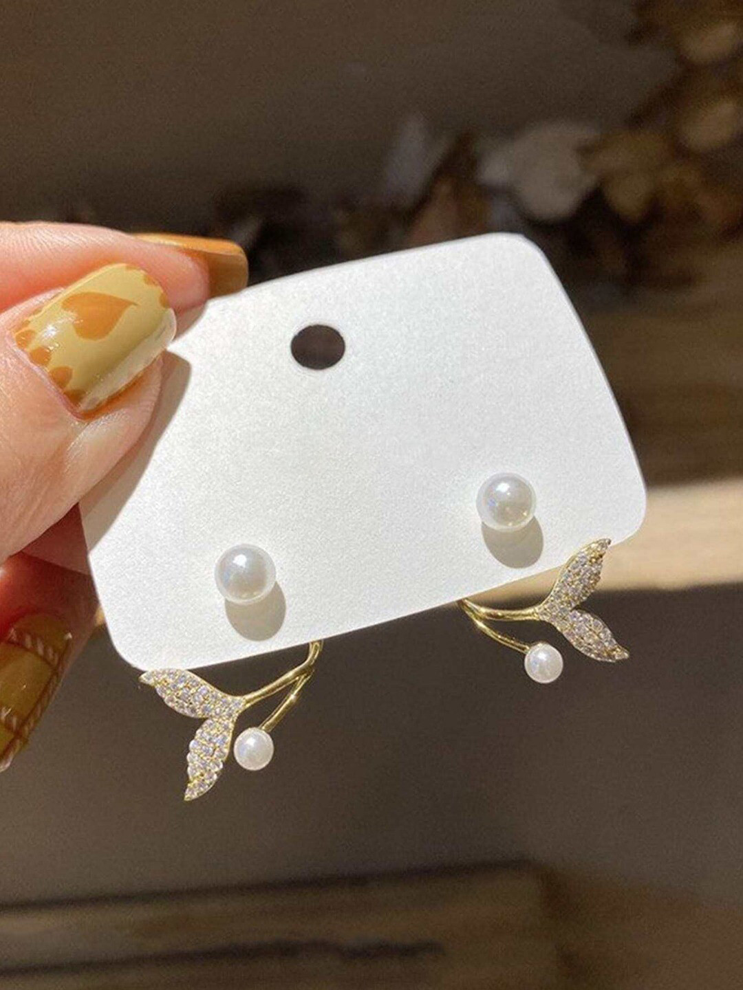FIMBUL Gold-Plated Beads & Stones Studded Fish Tail Stud Earrings