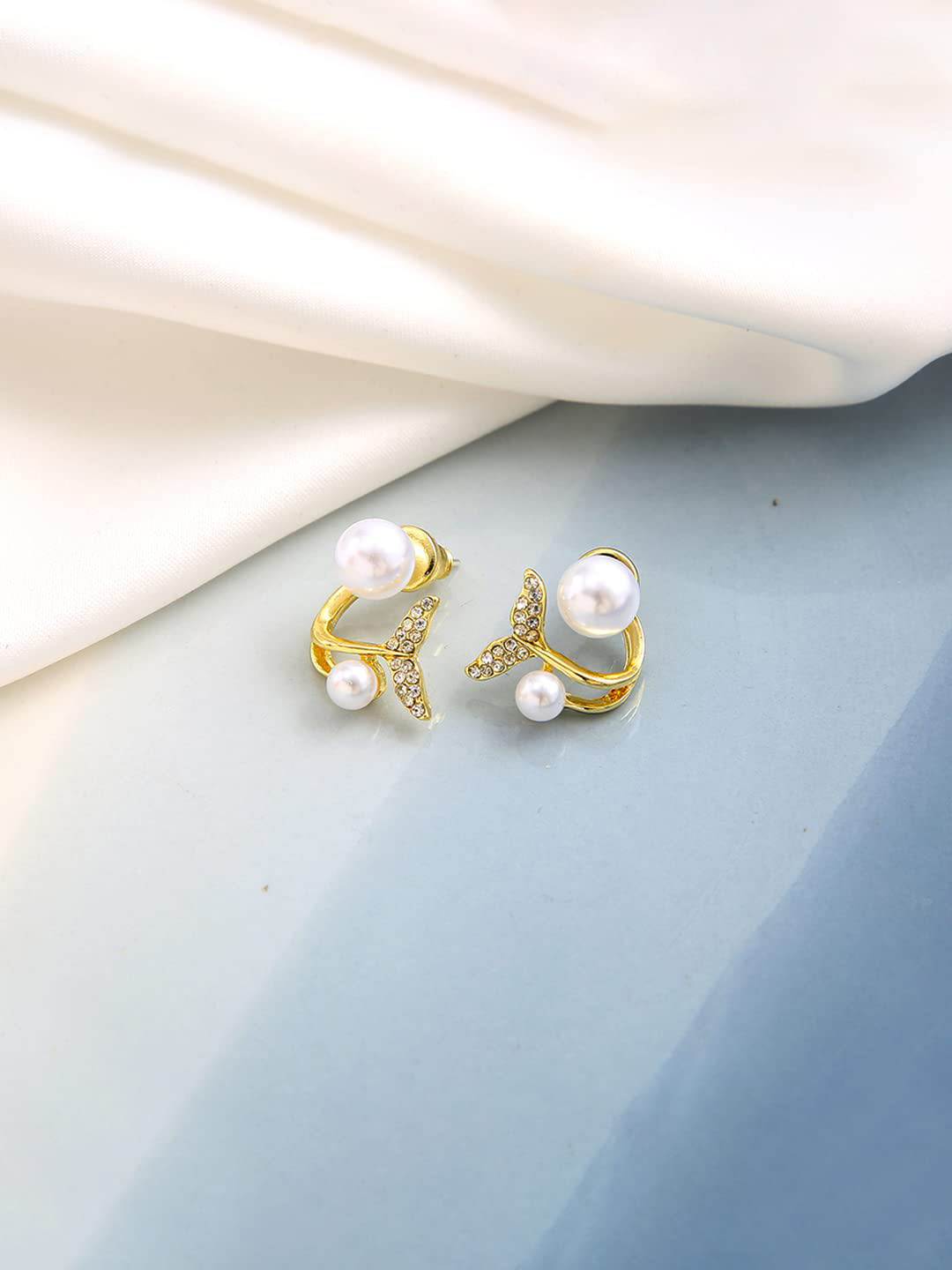 VAGHBHATT Gold-Plated Pearl-Studded Fish Tail Stud Earrings