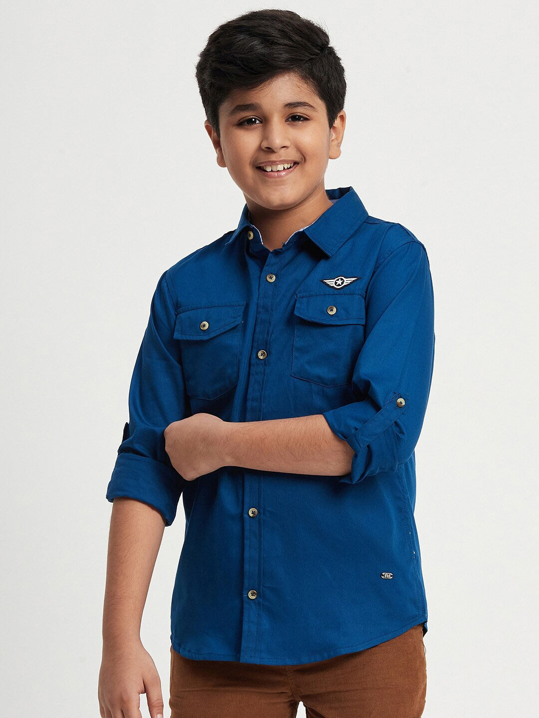Purple United Kids Boys Cotton Twill Roll-Up Sleeves Casual Shirt