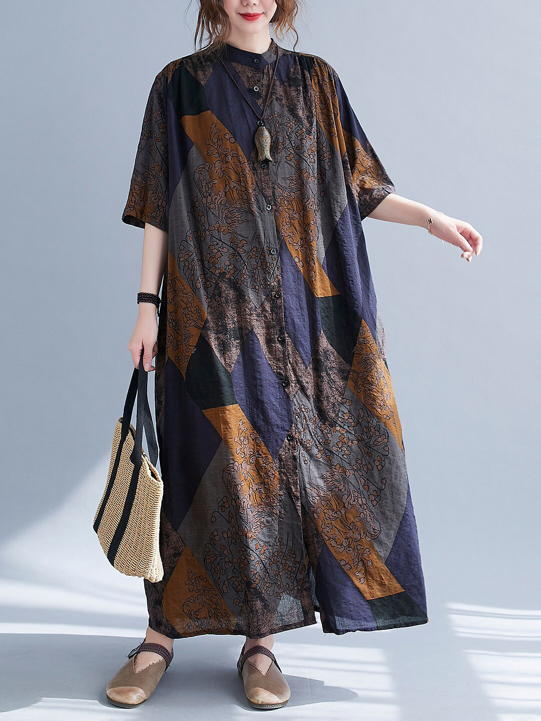 JC Mode Floral Printed Band Collar Maxi Dress