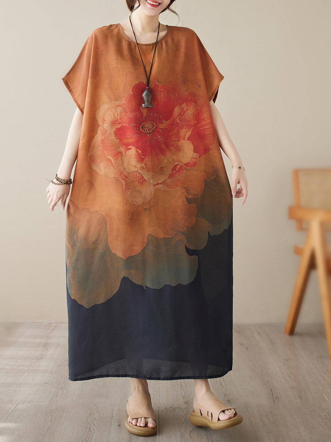JC Mode Floral Printed Extended Sleeves A-Line Maxi Dress