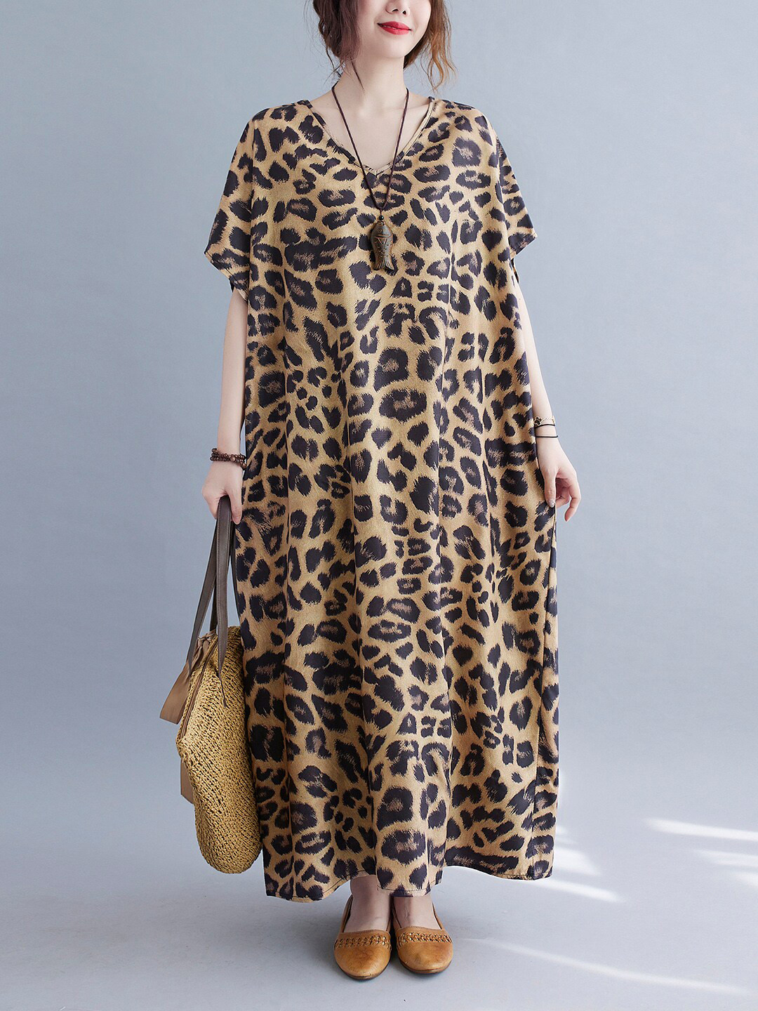 JC Mode Animal Printed V-Neck Kimono Sleeves Kaftan Dress