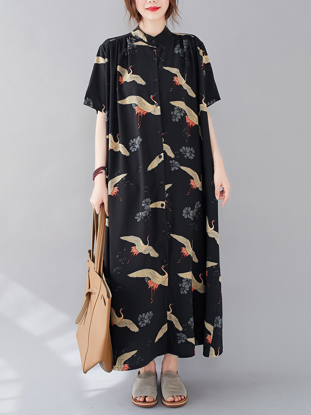 JC Mode Printed Shirt Style Maxi Dress