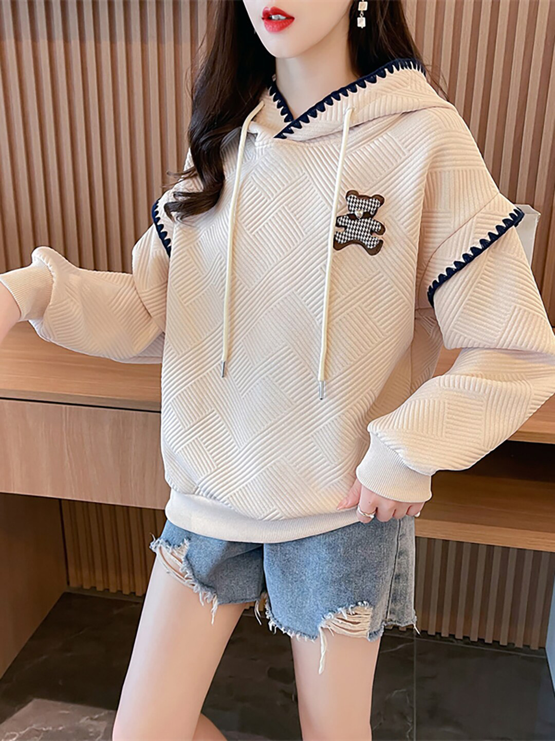 JC Mode Geometric Self Design Hooded Sweatshirt