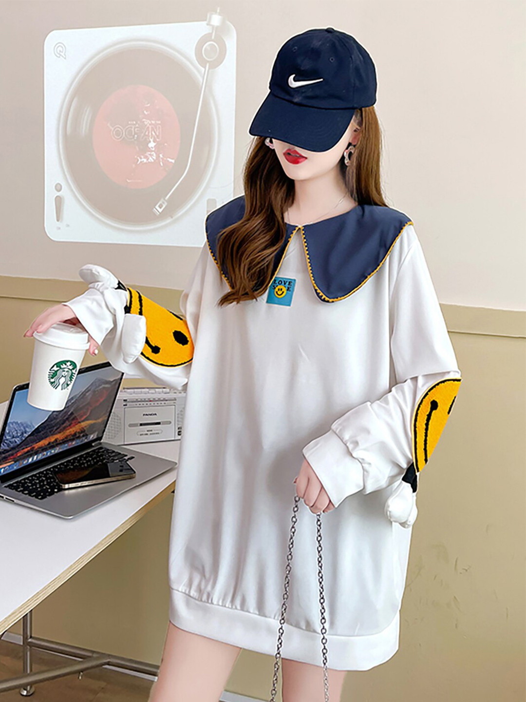 JC Mode Graphic Printed Peter Pan Collar Drop Shoulder Sleeves Cotton Sweatshirt