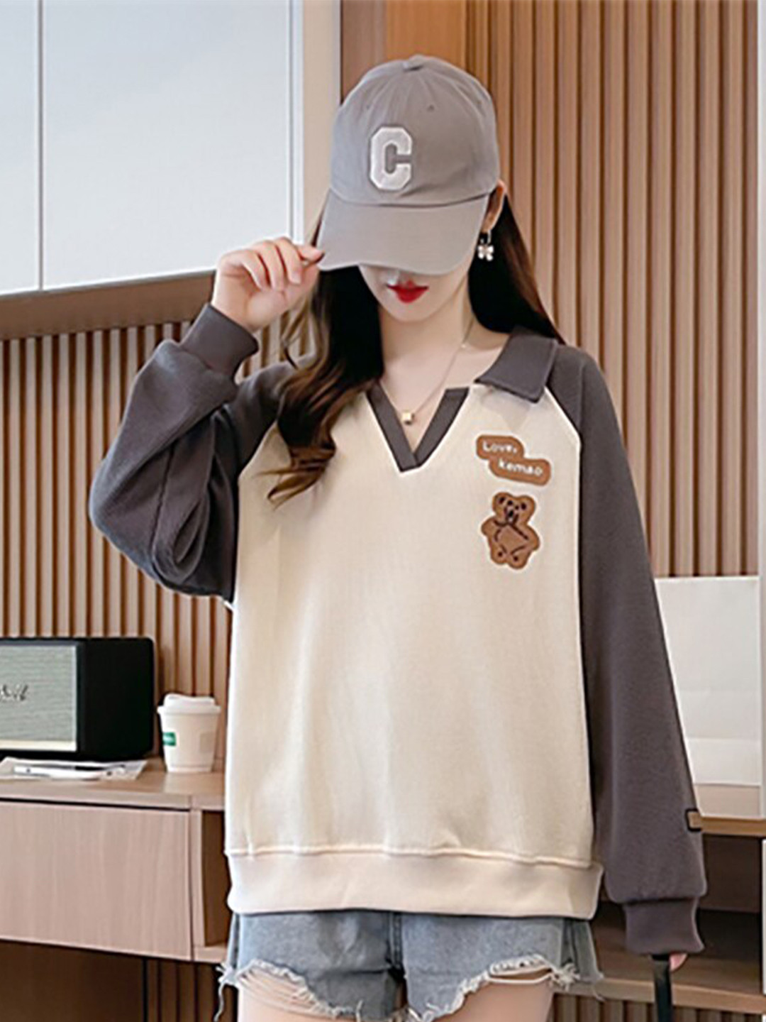 JC Mode Self Design Shirt Collar Pullover Sweatshirt