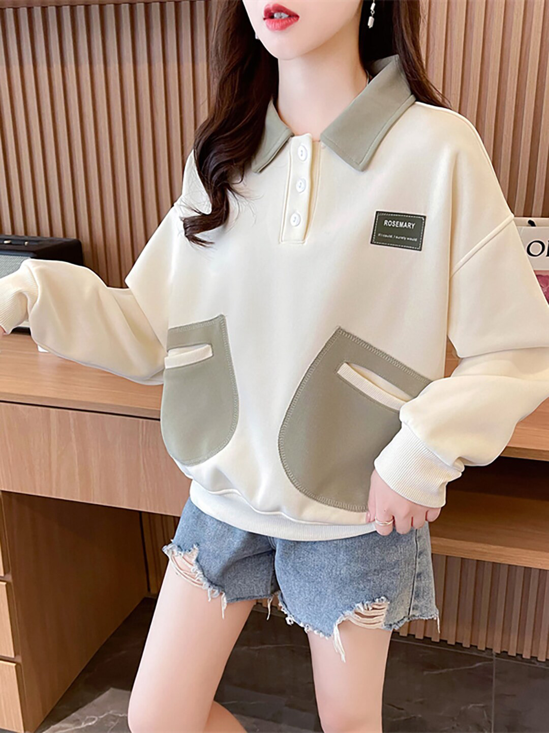 JC Mode Colourblocked Shirt Collar Pullover Sweatshirt