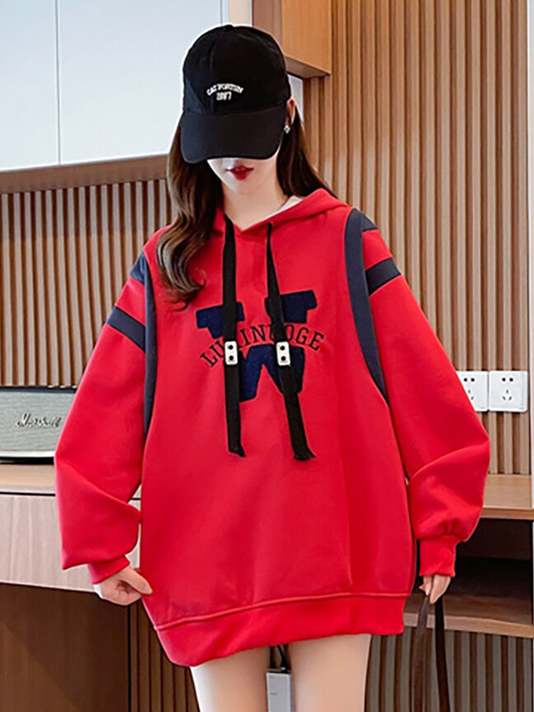 JC Mode Typography Printed Hooded Drop Shoulder Sleeves Cotton Longline Sweatshirt