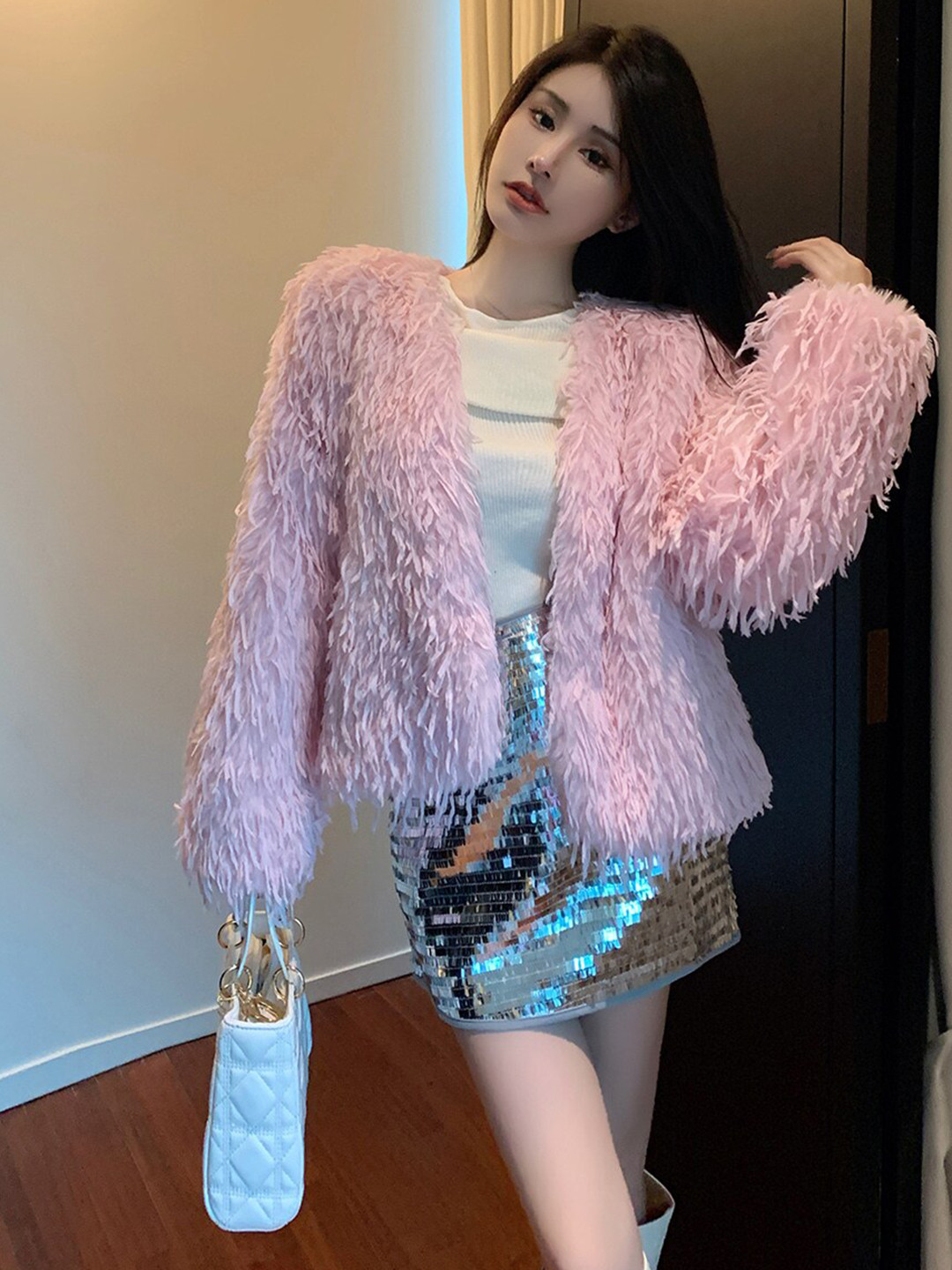 JC Mode Self Design Faux Fur Trim Open Front Jacket