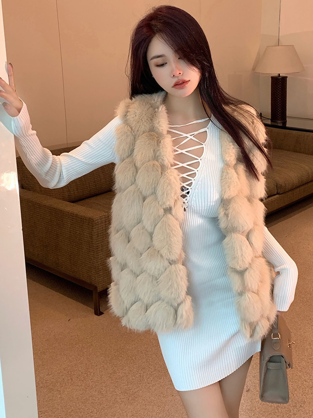 JC Mode Self Design Faux Fur Trim Open Front Jacket
