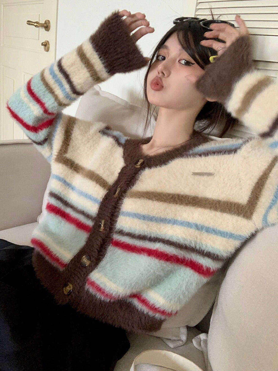 JC Mode Striped Front-Open Sweater